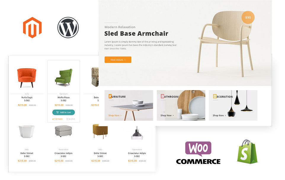 Home decoration products page screenshot with Magento, WordPress, WooCommerce and Shopify logo